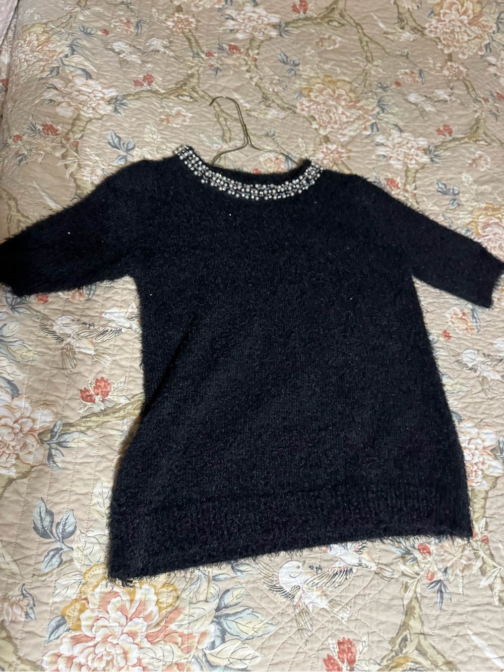 new directions Black Crewneck Sweater with Beaded Collar